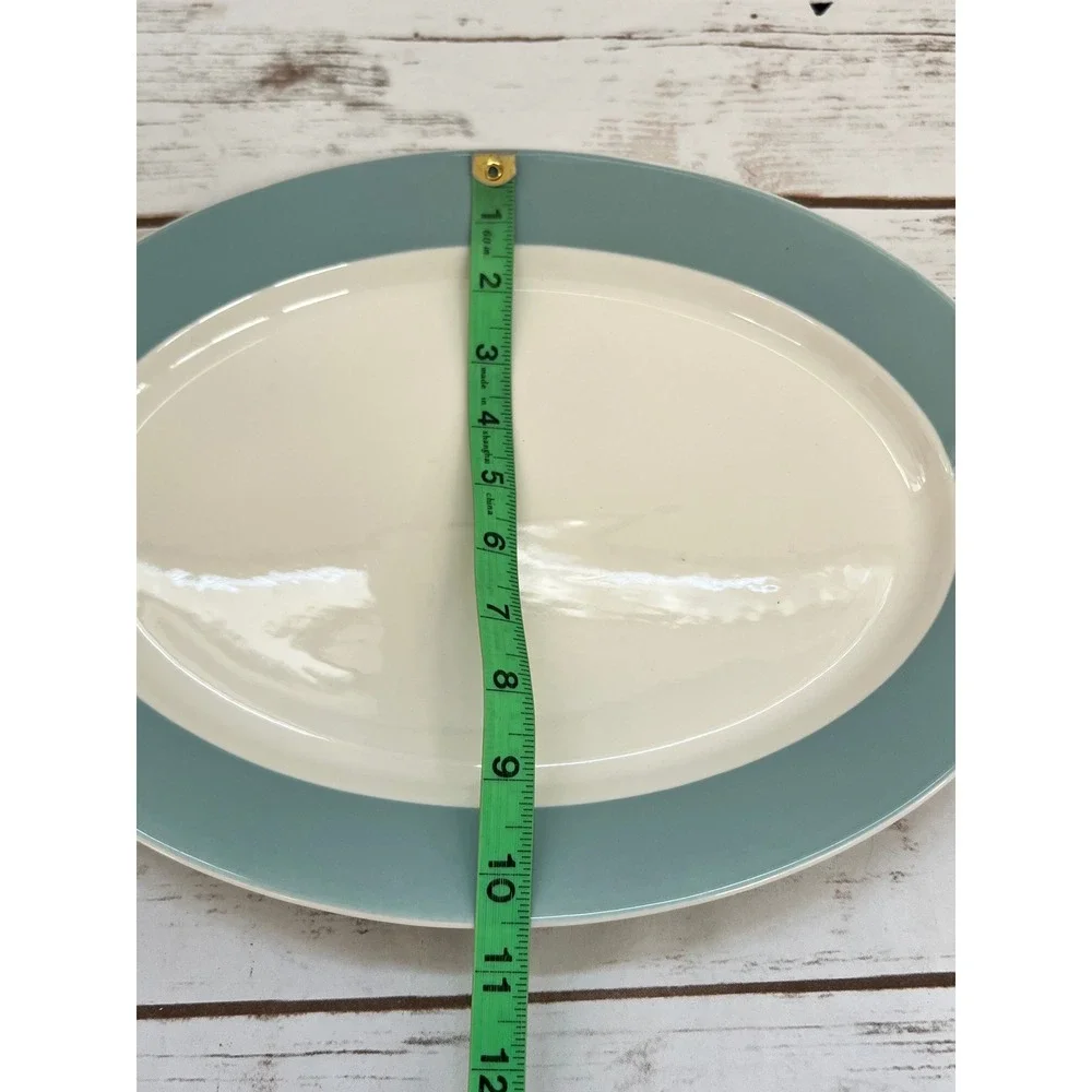 VTG MCM Serving Platter Green Cream Oval Ceramic Minimalist 14.5in